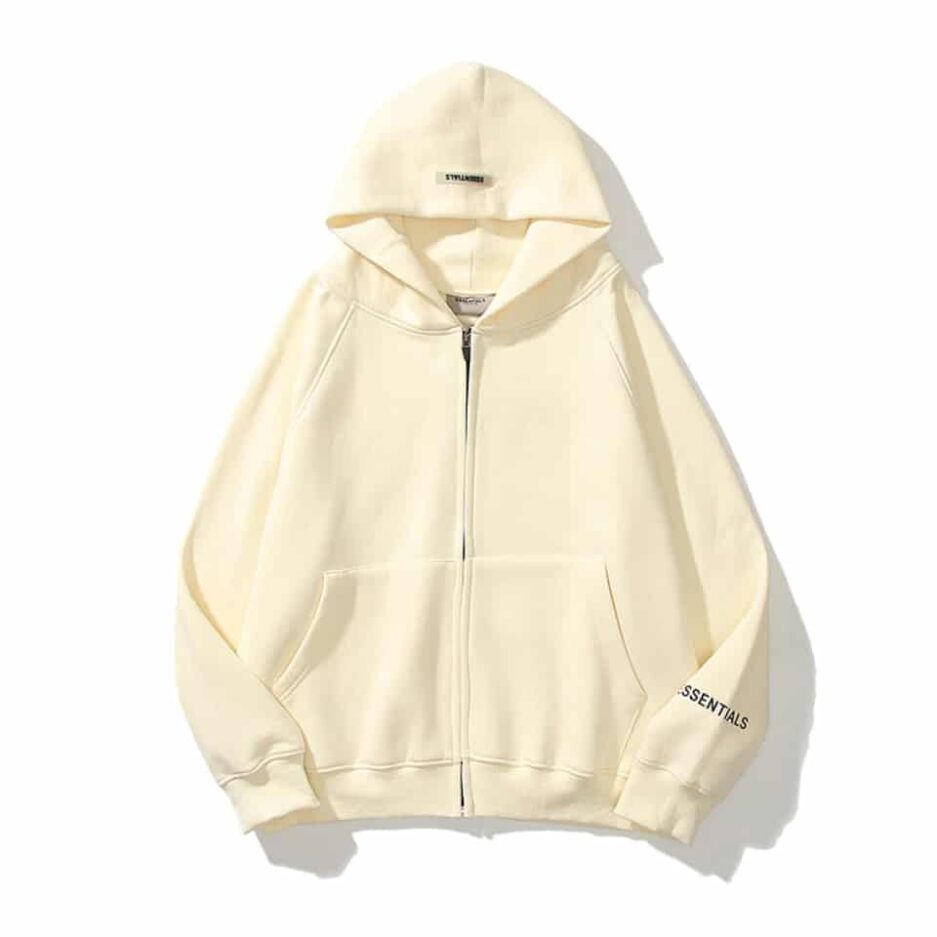 Essentials Reflective Print Zip up Oversized Cream Hoodie